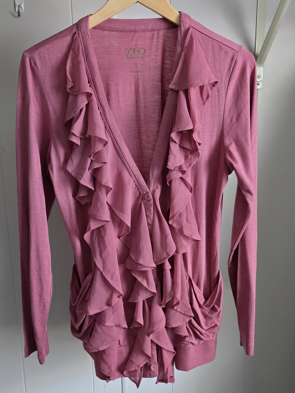 LOGO by Lori Goldstein Rose Pink Ruffle-Front Lightweight Cardigan S